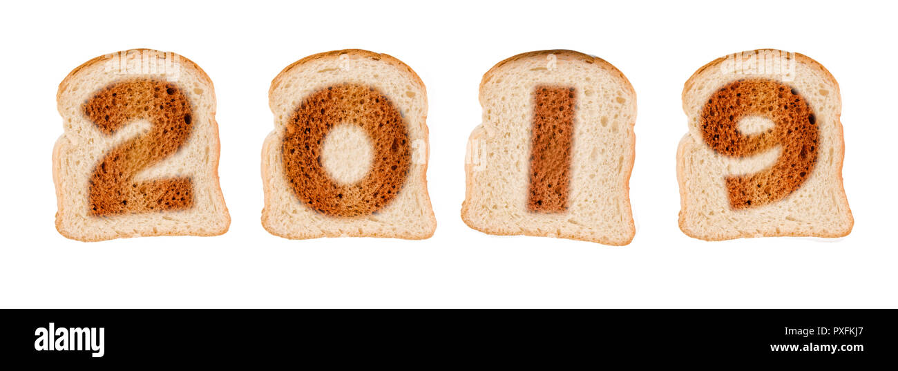 2019 Grußkarte auf geröstetem Brot auf weißem Hintergrund Stockfoto