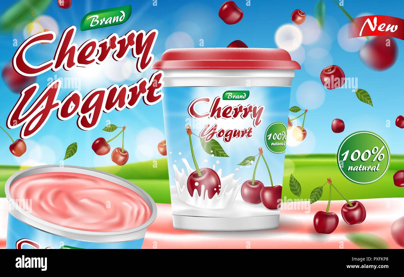 Kirsch Joghurt isolierte Design. Essen Joghurtbecher Paket ad. Realistische reife Kirsche 3d Vektor illustration Stock Vektor