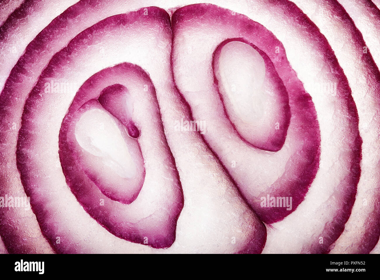 Abstrakte Food Art Muster von roten Zwiebeln Querschnitt in der Nähe fotografiert und Full Frame Stockfoto