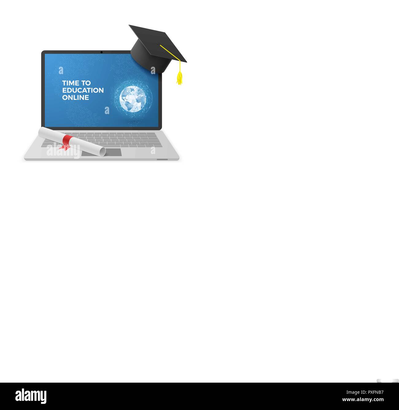 Bildung Online Konzept. Notebook mit Graduierung Hut und Diplom und Ausbildung Online Text auf dem Bildschirm. Distant Learning Technology. Vektor illustrati Stock Vektor
