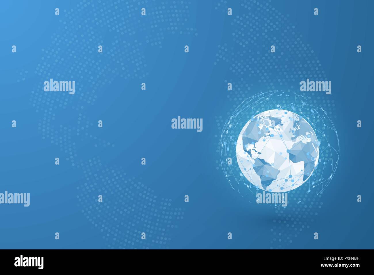 Globales Netzwerk. Welt Karte zeigen und Linien und Dreiecken. Punkt anschließen Netzwerk. Vector Illustration auf blauem Hintergrund Stock Vektor