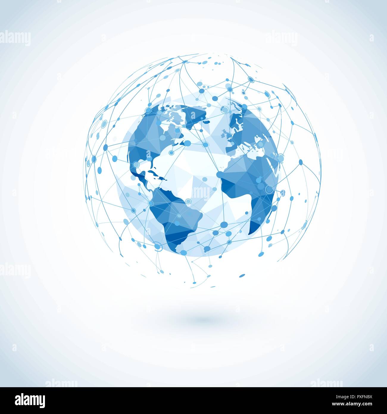 Globales Netzwerk Verbindung. Niedrige polygonalen Weltkarte mit abstrakte Digitale Kommunikation. Punkte und Linien World Wide Web Struktur. Vector Illustration Stock Vektor