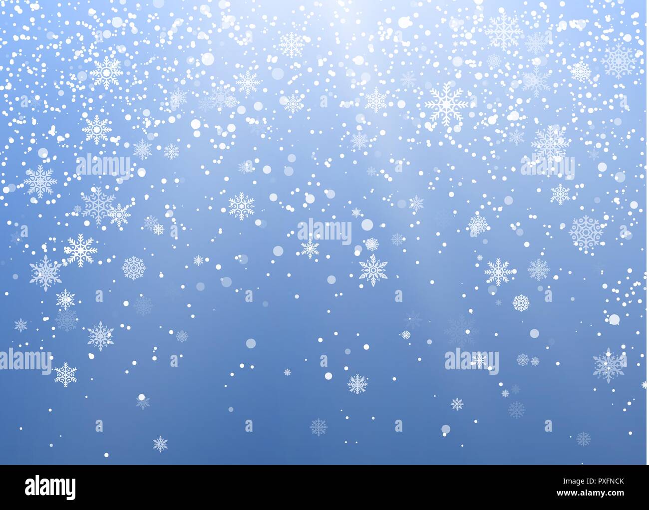 Saisonale Winterurlaub Hintergrund. Festiveal Schneefall am blauen Himmel. Weiße Schneeflocken fallen. Frost, Schnee und Sonnenschein. Vector Illustration Stock Vektor
