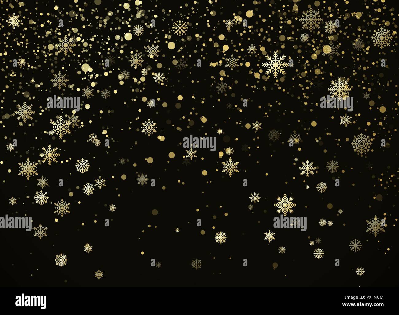 Golden fallen Schneeflocken isoliert auf darck Hintergrund. Neues Jahr nad Weihnachten dekorative Muster. Vector Illustration Stock Vektor