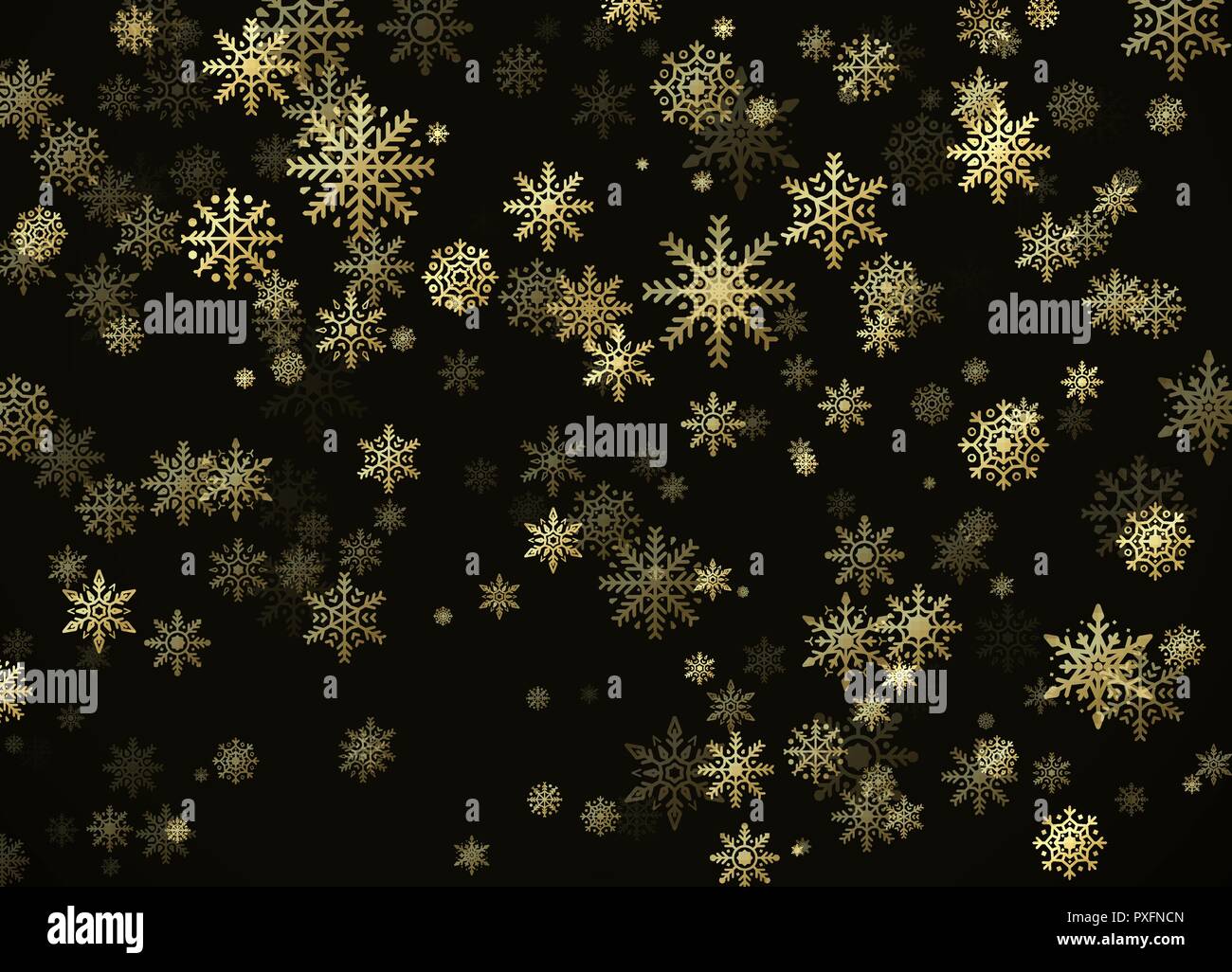 Golden Schneefall. Neues Jahr und Weihnachten Muster mit goldenen Schneeflocken auf schwarzem Hintergrund. Vector Illustration Stock Vektor