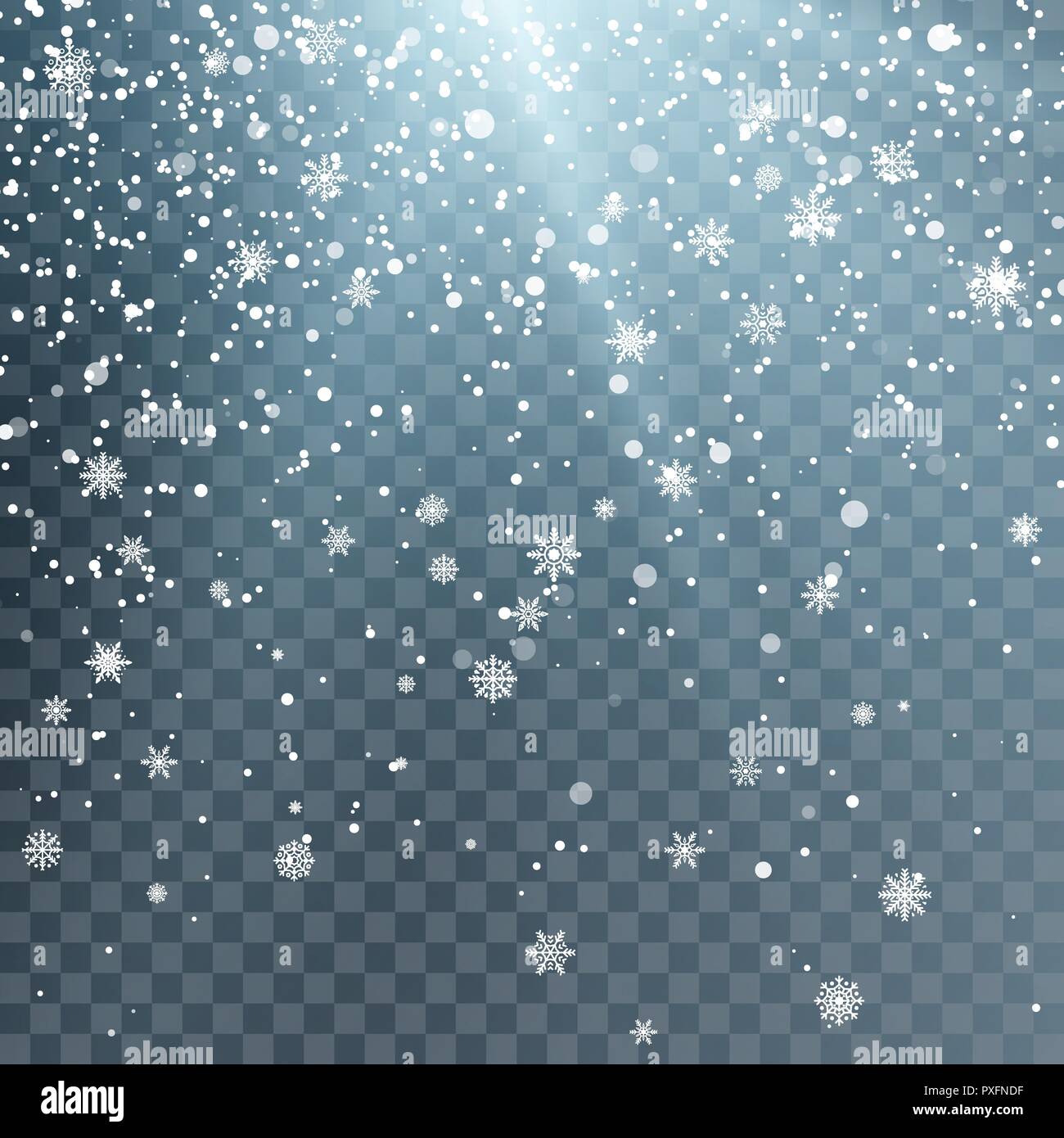 Saisonale Winterurlaub Hintergrund. Festiveal Schneefall am blauen Himmel. Weiße Schneeflocken fallen. Frost, Schnee und Sonnenschein. Vector Illustration isoliert auf Tr Stock Vektor