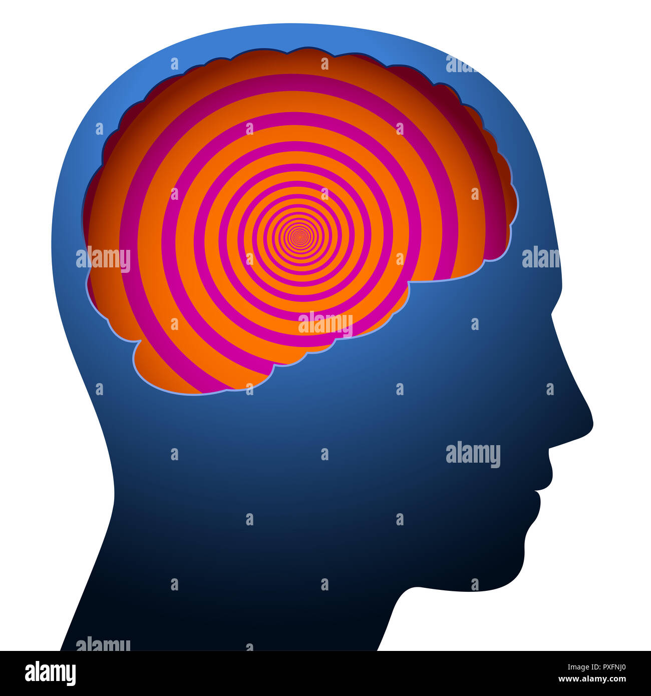 Geistige Verwirrung, Schwindel, mit einer psychedelischen Spirale in das Gehirn eines jungen Menschen symbolisiert. Stockfoto