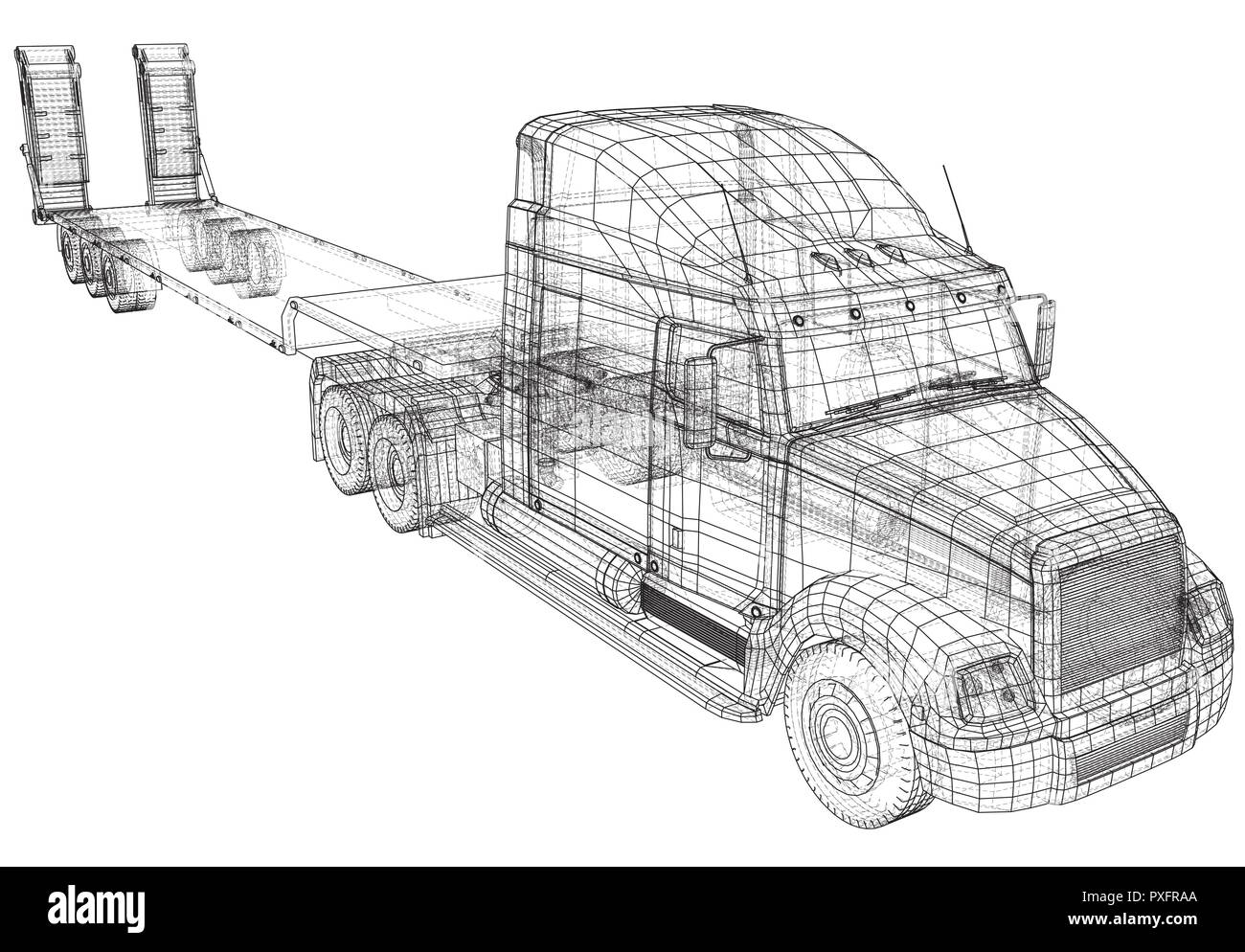 Niedrige Bett LKW-Anhänger. Abstrakte Zeichnung. Tracing Abbildung: 3d Stock Vektor