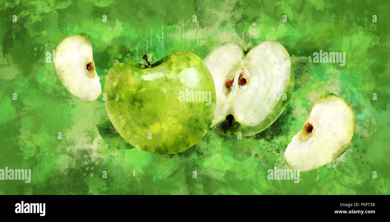 Green Apple auf grünem Hintergrund. Aquarell Abbildung Stockfoto