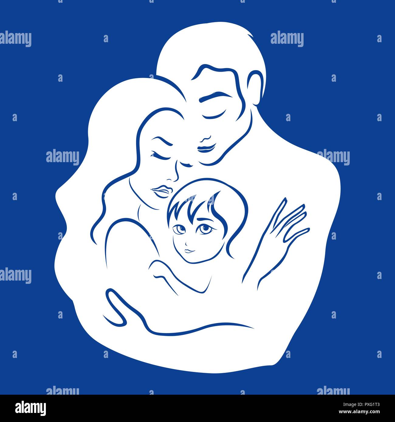 Weißes Logo Vektor, starke und liebevolle Familie, die auf der blauen Hintergrund symbolisiert, hand Zeichnung Abbildung Stock Vektor