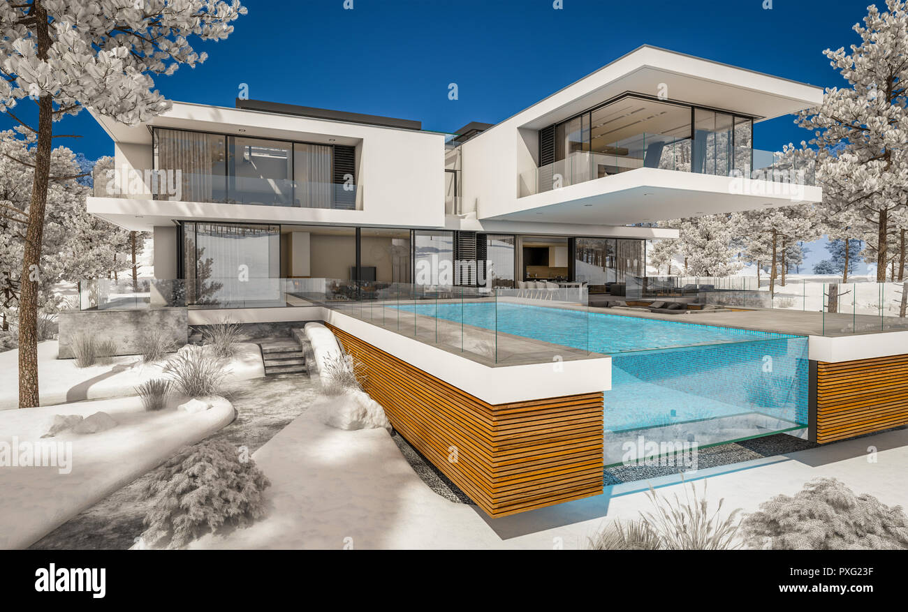 3d Rendering Des Modernen Gemutliches Haus Am Fluss Mit Garage Kuhlen Winter Tag Mit Glanzenden Weissen Schnee Zum Verkauf Oder Zur Miete Mit Wunderschonen Bergen Auf Backgr Stockfotografie Alamy