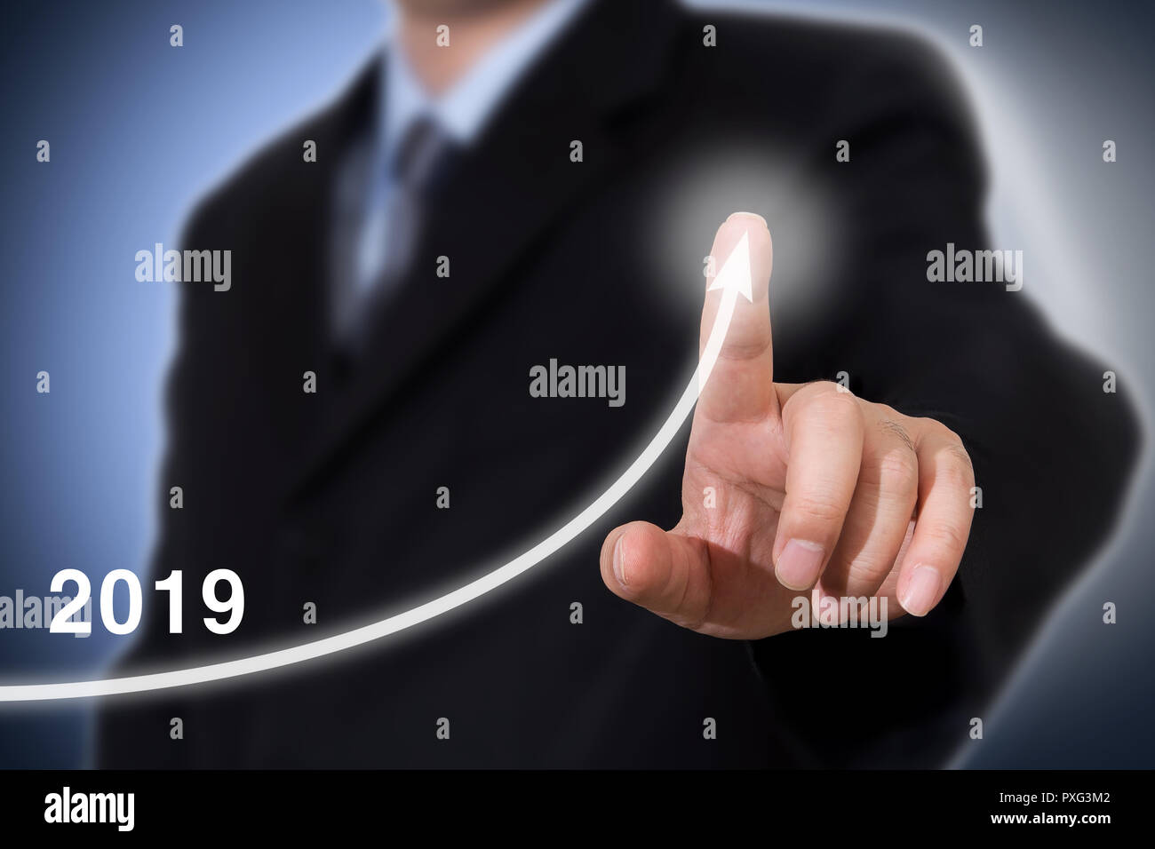 Entwicklung und Wachstum 2019 Konzept. Geschäftsmann neues Jahr Konzept. Stockfoto