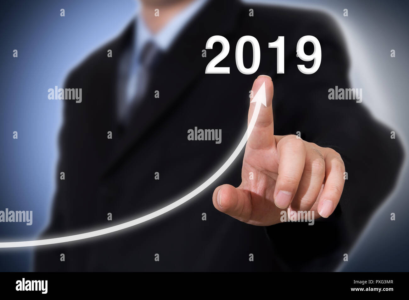 Entwicklung und Wachstum 2019 Konzept. Geschäftsmann neues Jahr Konzept. Stockfoto