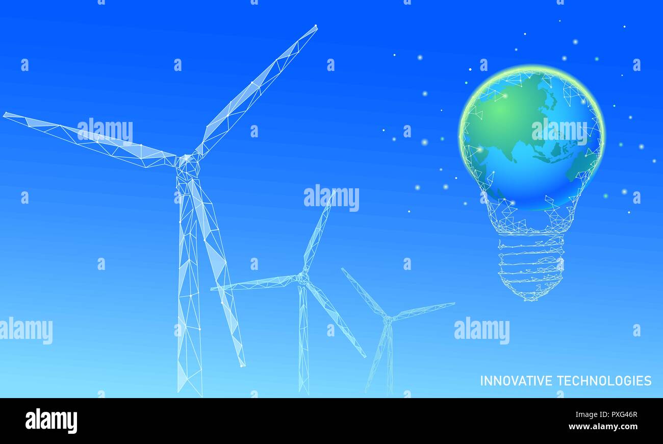 Glühlampe Windmühlen Idee Geschäftskonzept. Ökologie Umweltschutz wind grüne Energie für nachhaltige Energie. Eco global planet Lösung. Blau grün Low Poly polygonale 3D-Dreiecks Vector Illustration Kunst Stock Vektor