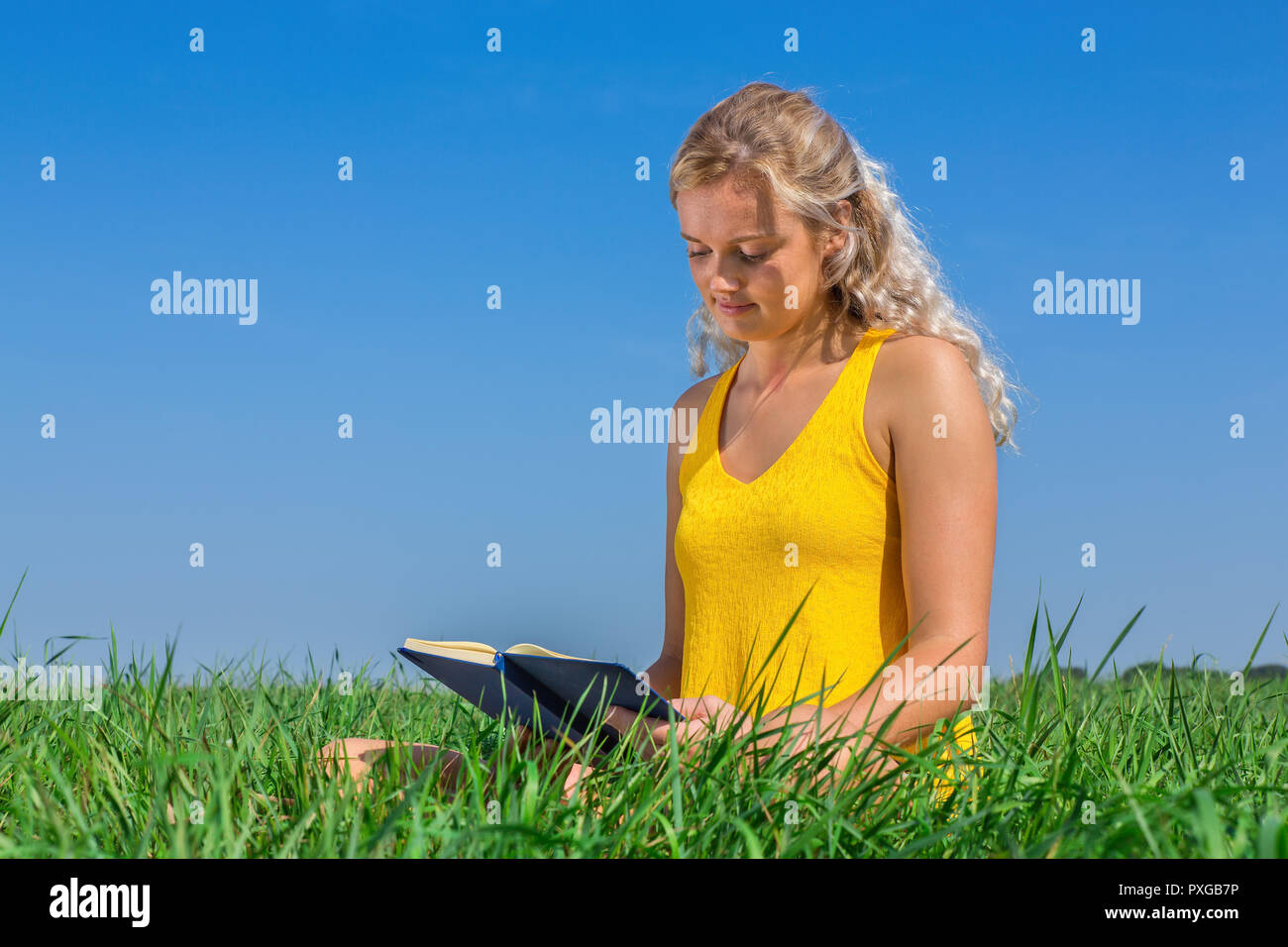 Junge blonde caucasian Woman Reading buchen Sie im Gras mit blauem Himmel Stockfoto