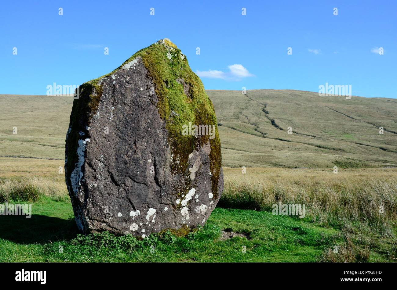 Maen LLia Llia's Stein auf Stein Menhir Llia Tal Ystradfellte Brtecon Beacons National Park Fforest Fawr Geopark Wales Cymru GROSSBRITANNIEN Stockfoto
