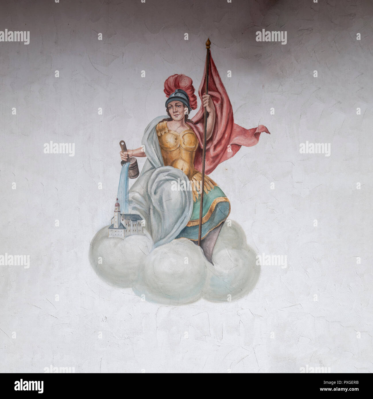 Wandgemälde von Athene, Göttin der Weisheit, Handwerk, und Krieg, eine weibliche Gottheit in Schutzkleidung, Helm und halten ein Banner Bewässerung eine kleine Stadt. Von Ty Stockfoto