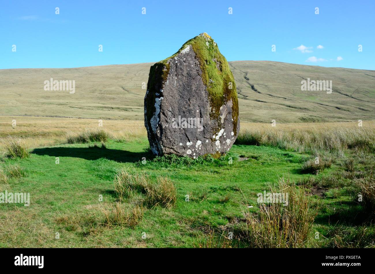 Maen LLia Llia's Stein auf Stein Menhir Llia Tal Ystradfellte Brtecon Beacons National Park Fforest Fawr Geopark Wales Cymru GROSSBRITANNIEN Stockfoto