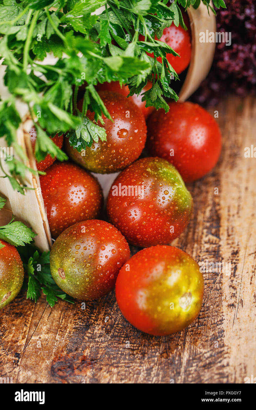 Komposition mit grün-roten Tomaten mit Salat und Petersilie Stockfoto