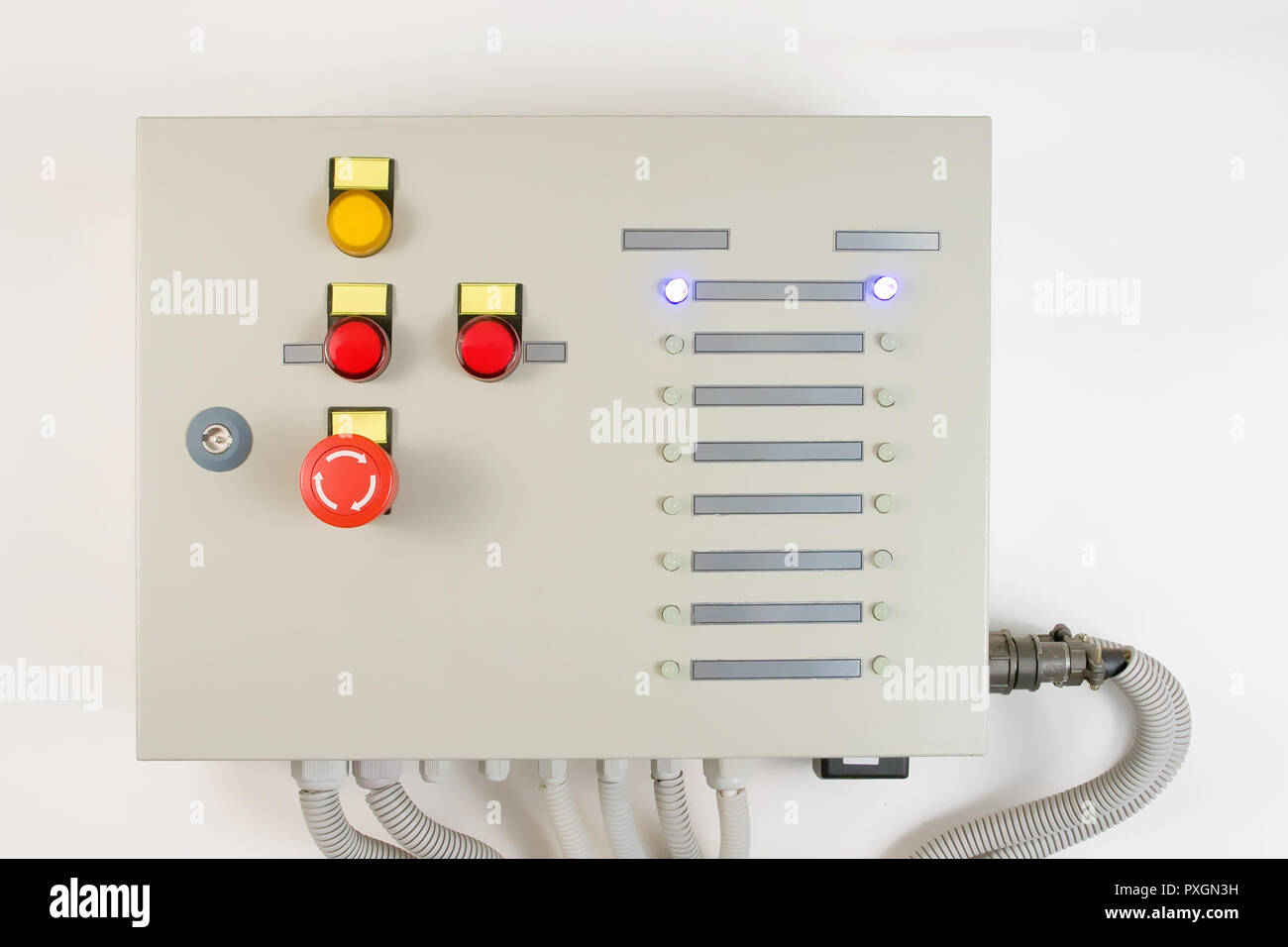 High Voltage Control Panel mit Netzschalter und verschiedene Schalter Stockfoto