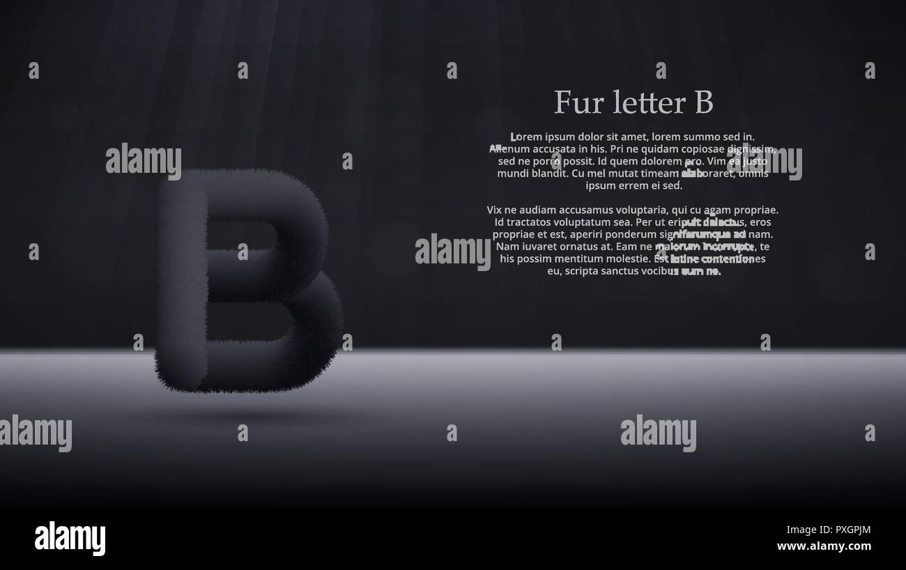 Produkt anzeigen oder Werbung Konzept Vorlage. Vector Illustration von Pelz Buchstabe B über schwarzen Farbverlauf Studio Zimmer Hintergrund für Ihr Design Stock Vektor
