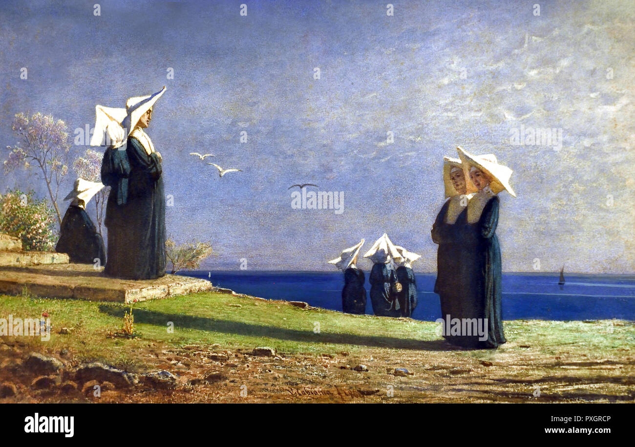 Vincenzo Cabianca (1827-1902) Monachine am Meer 1869 aus dem 19. Jahrhundert, Italien, Italienisch. Stockfoto