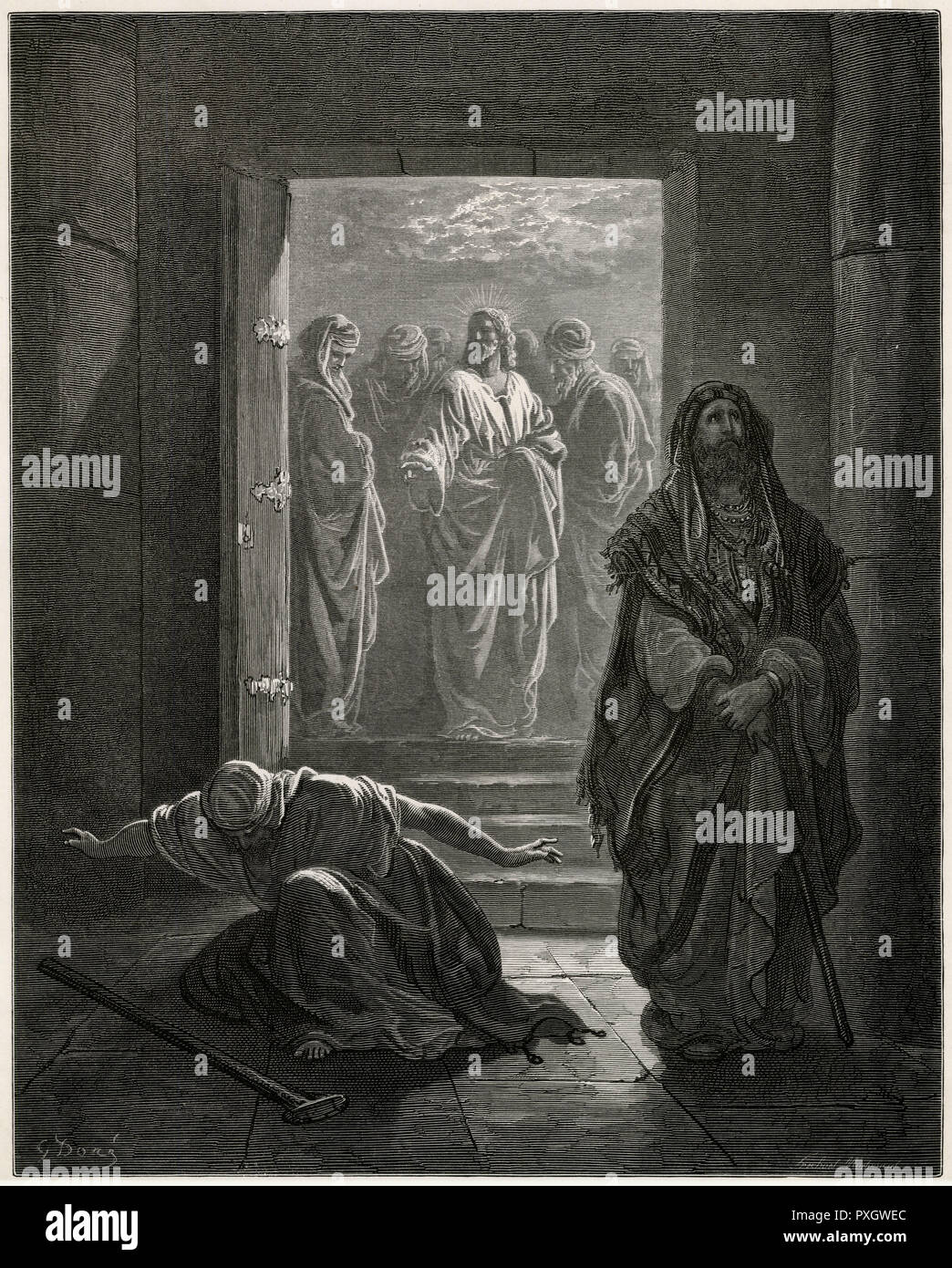 Jesus mit dem Zöllner und Pharisäer und dem Zöllner. Stockfoto