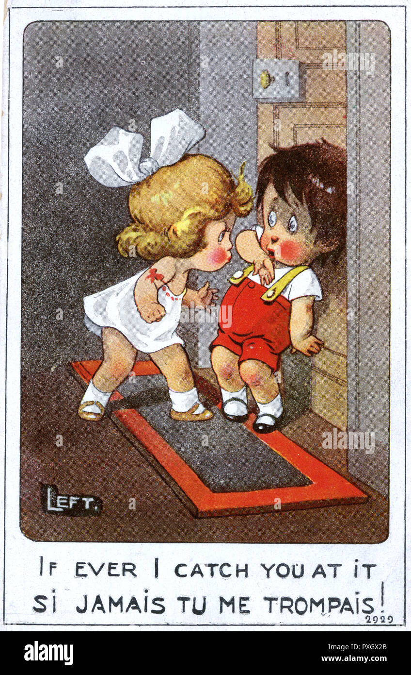 Comic-Postkarte aus der WW1. Epoche – kleines Mädchen bedroht ihren Jungen... Stockfoto