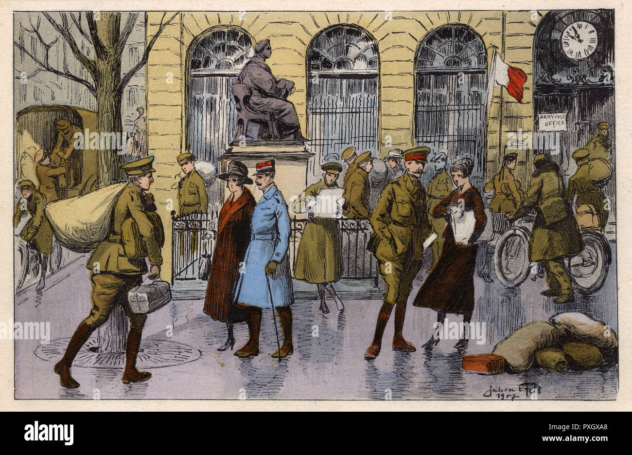 WW1, Rouen, Frankreich, British Post Office und Boieldieu Statue Stockfoto