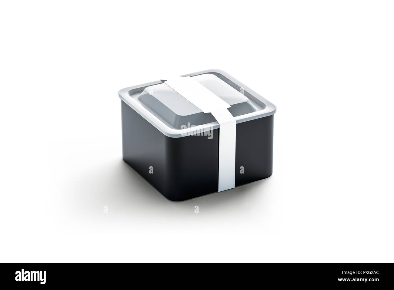 Leere schwarze Quadrat verfügbaren Container mit weißen rechteckigen Etikett Mockup, 3D-Rendering. Leere nehmen Kunststoff fach Mock up. Klar Lunch Box mit paketaufkleber Vorlage. Stockfoto