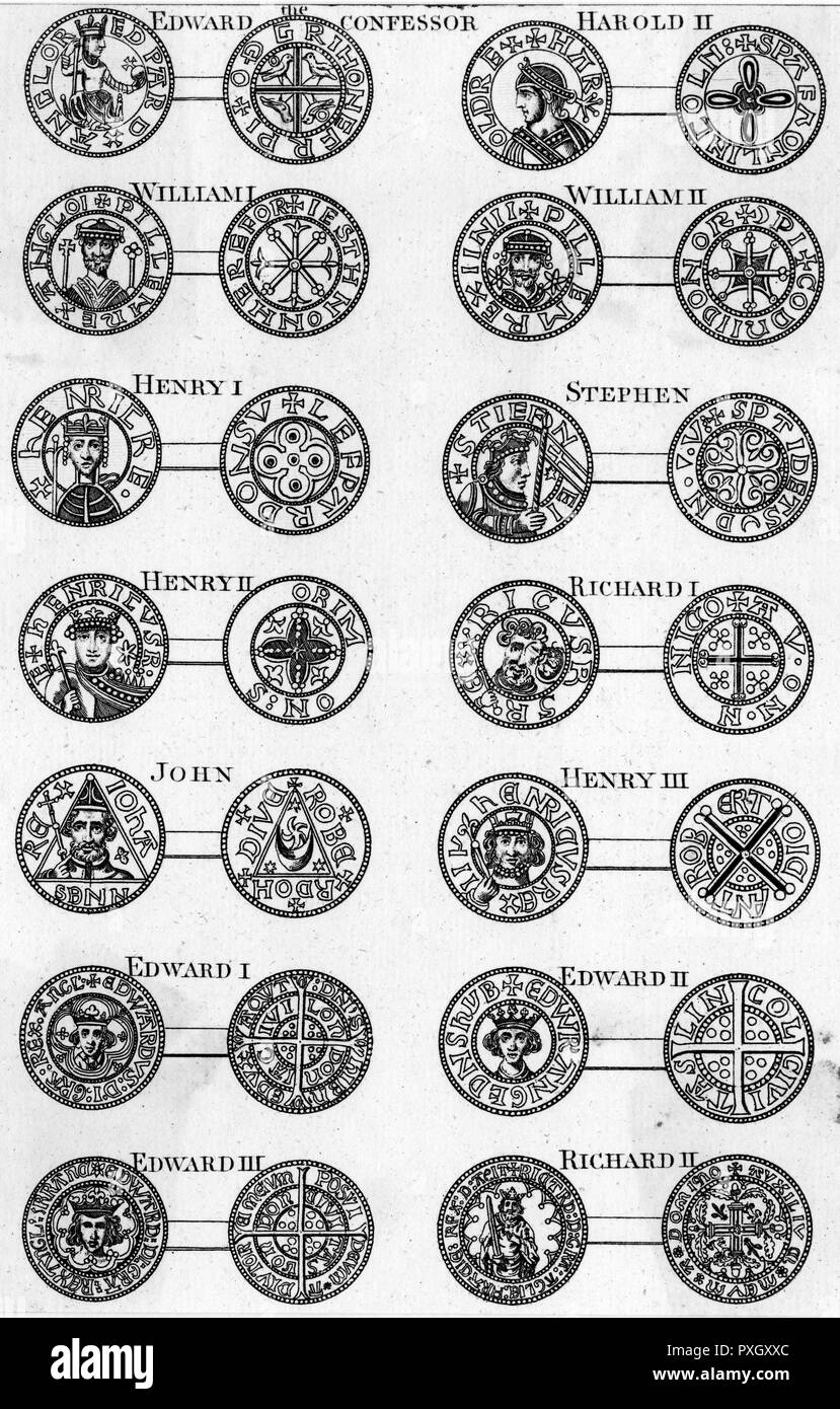 Englisch Münzen - Vielfalt der mittelalterlichen Monarchen. Könige sind: Heinrich I., Stephen, Heinrich II., Richard und Ich, Johannes, Heinrich III., Edward I, Edward II, Edward II. und Richard II. Stockfoto