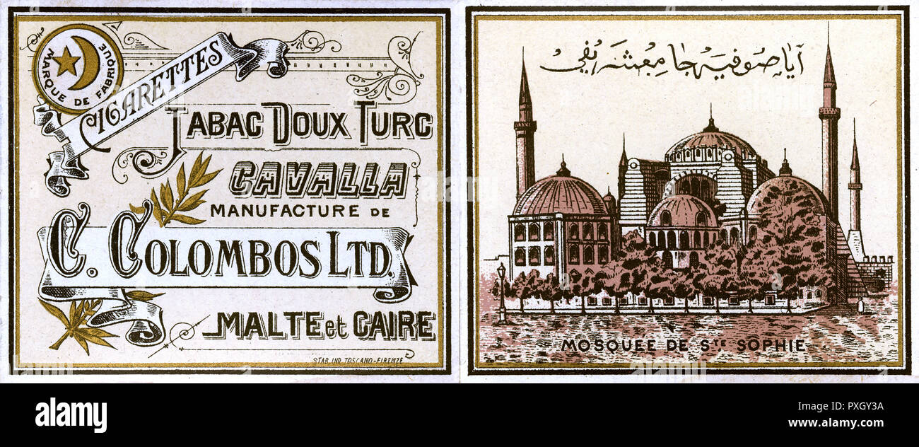 Frühe ägyptische Zigarettenpackung – Vorder- und Rückseite (kombiniert) Stockfoto