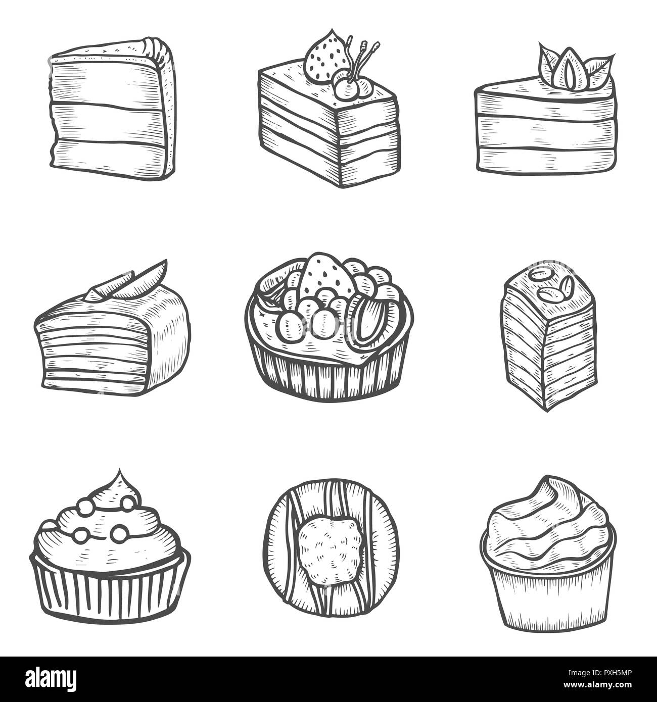 Kuchen Dessert und süß auf weißem Hintergrund. Hand Zeichnung Abbildung. Stockfoto