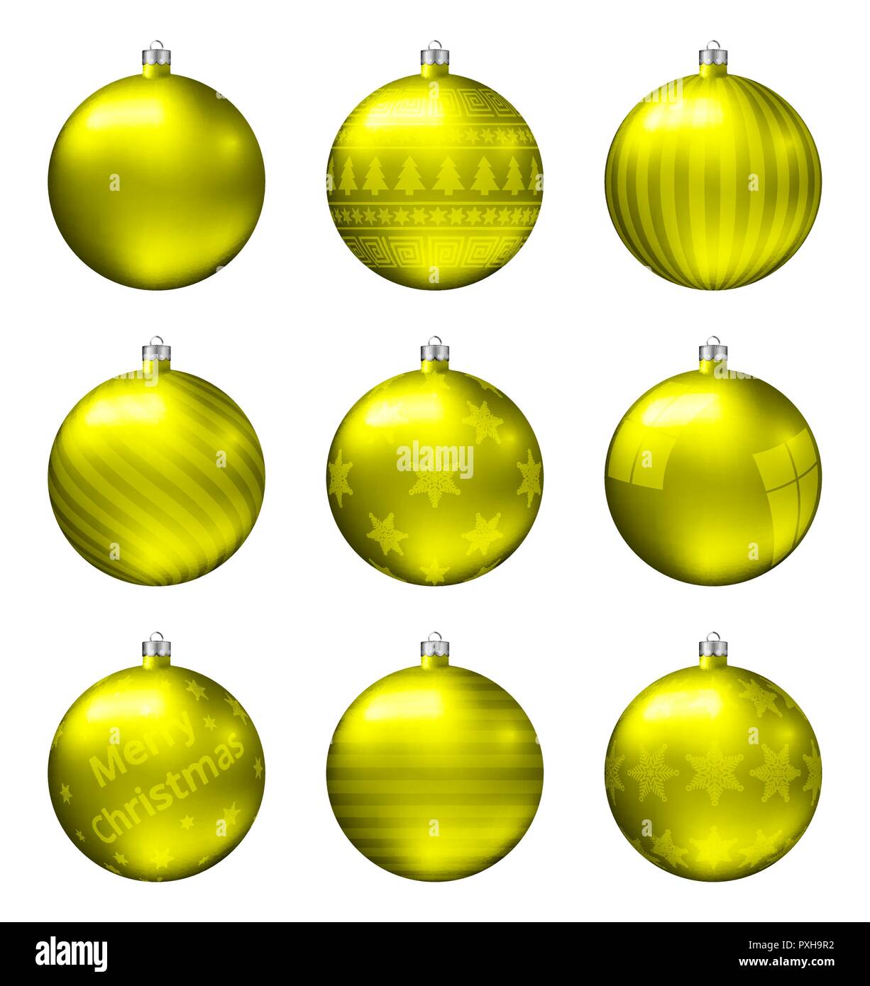 Gelb Weihnachten Kugeln auf weißem Hintergrund. Fotorealistische Qualität Vektor einrichten von christbaumkugeln. Verschiedene Muster. Stock Vektor