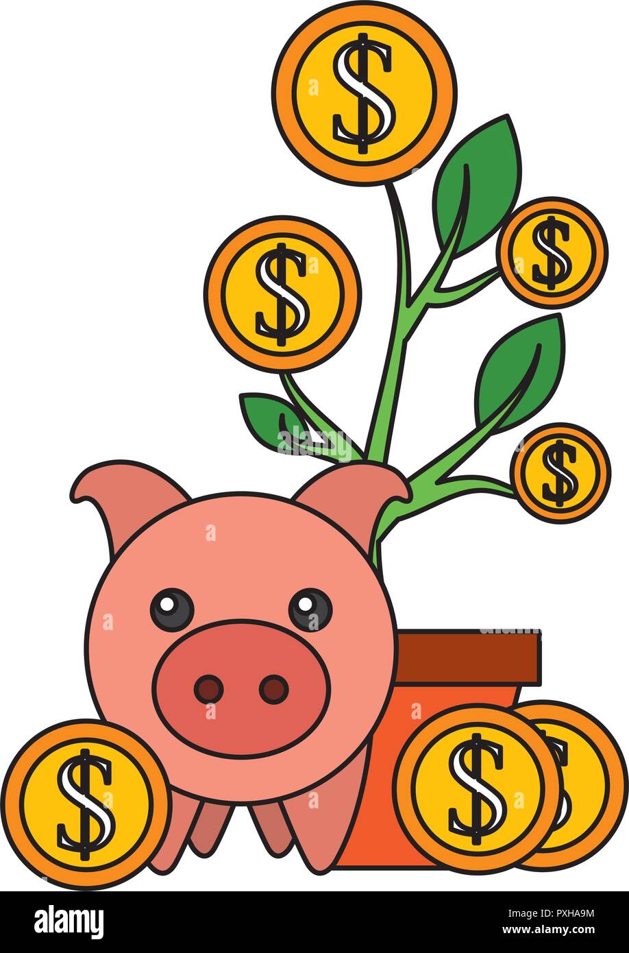 Sparschwein Pflanzenwachstum Münzen Geld sparen Vector Illustration Stock Vektor