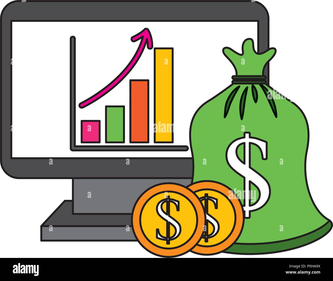 Diagramm finanzielle sparen Sie Geld beutel Münzen Vector Illustration Stock Vektor