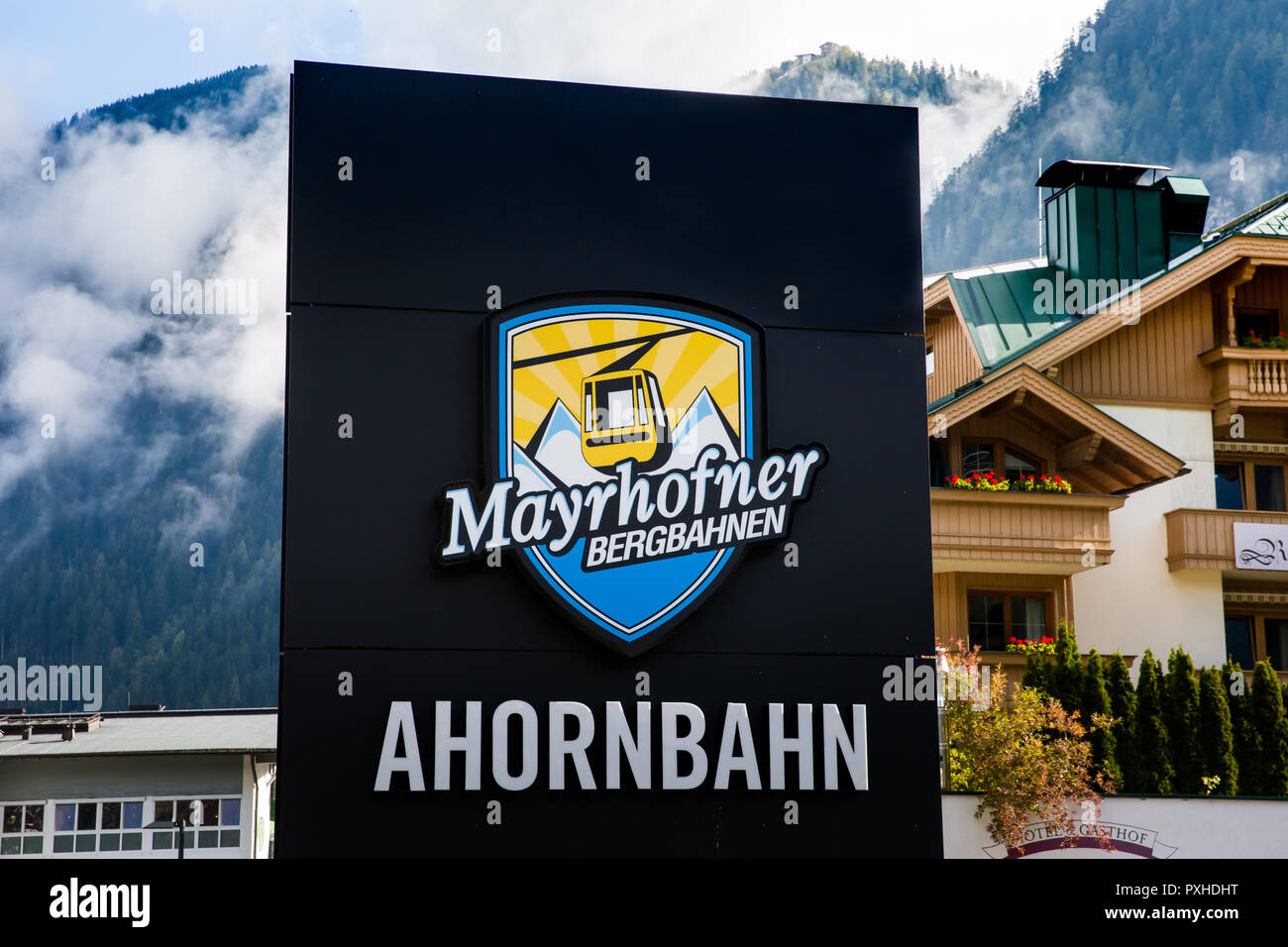 Zeichen der Ahorn Mayrhofner Bergbahnen berühmten Skigebiet in Mayrhofen, Österreich Stockfoto