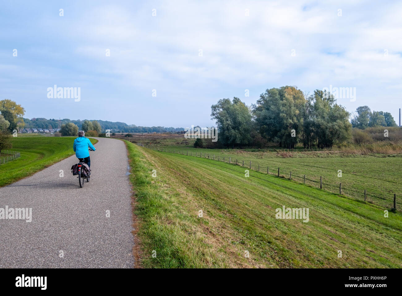 Frau auf dem Fahrrad auf dem Deich entlang der Überschwemmungsgebiete entlang dem Fluß Nederrijn in Wageningen, Niederlande. Stockfoto