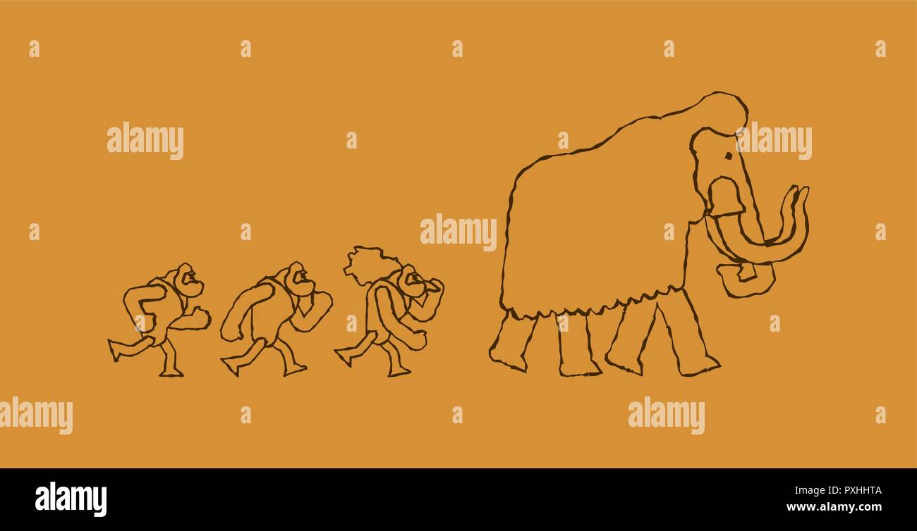 Jagd für Mammut Rock Malerei. caveman prähistorischen Menschen Jäger. Homo sapiens Menschen. Altsteinzeit leben. Vector Illustration Stock Vektor