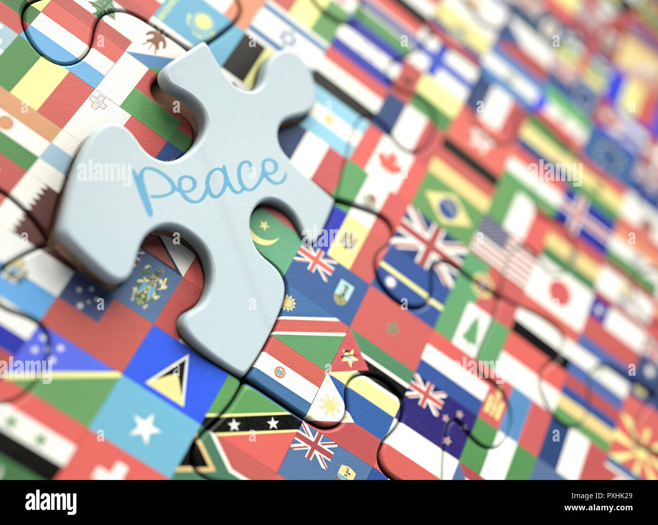 Puzzle mit Flaggen der Welt und ein Stück der Union und den Frieden. Stockfoto