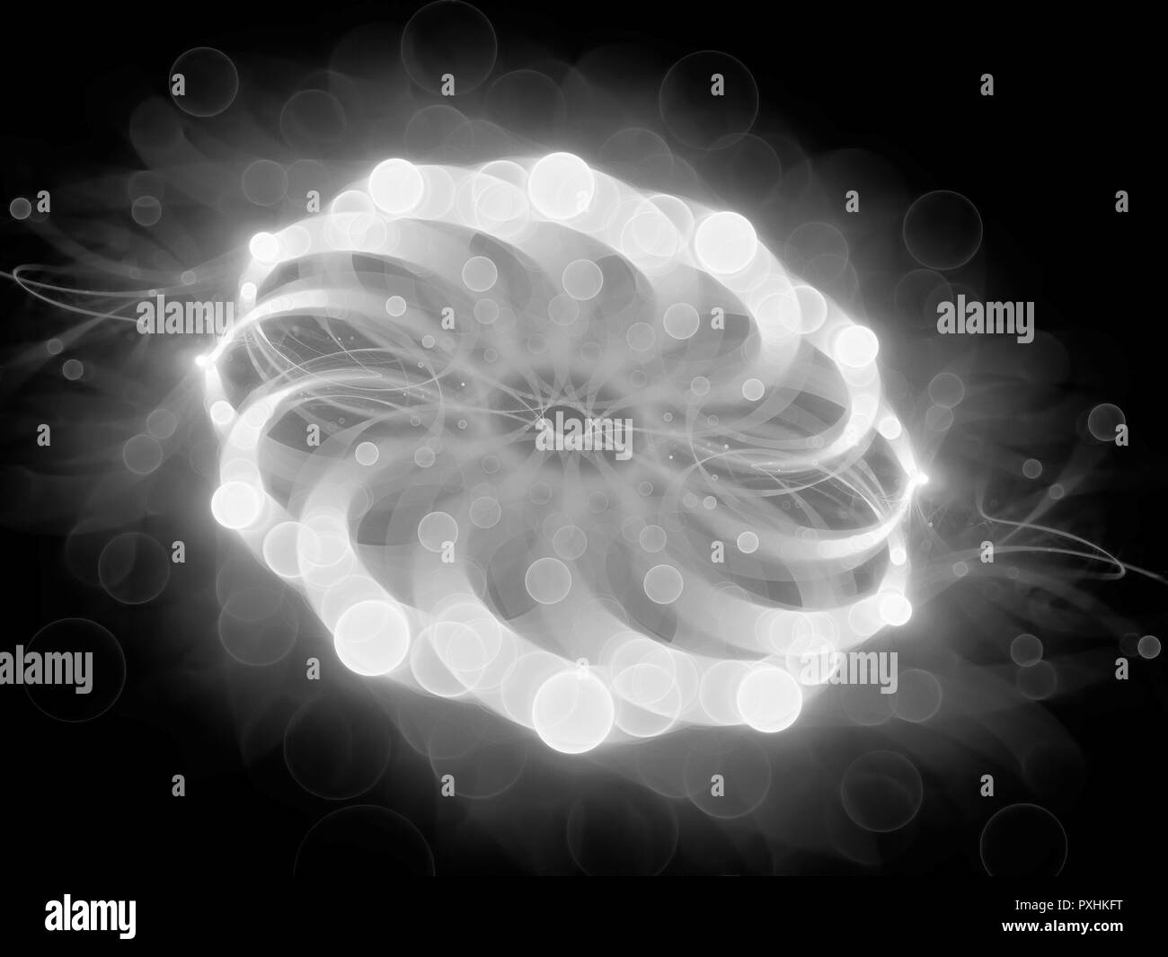 Magische glühende Objekt im Raum, Tiefenschärfe, computer-generierte Zusammenfassung Hintergrund, Schwarze und Weiße, 3D-Rendering Stockfoto