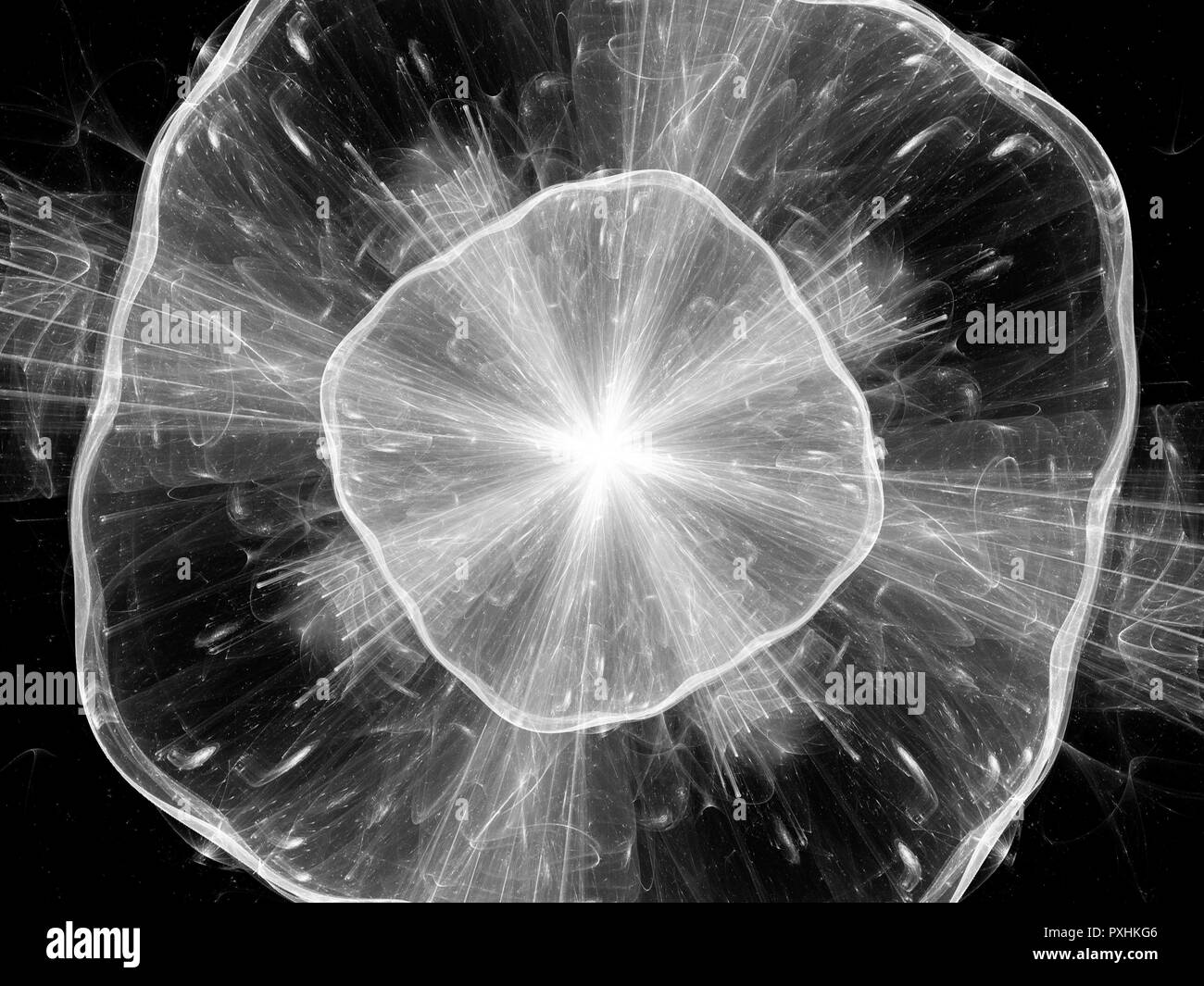 Glühende Explosion im Raum, Computer-generierte Zusammenfassung Hintergrund, Schwarze und Weiße, 3D-Rendering Stockfoto