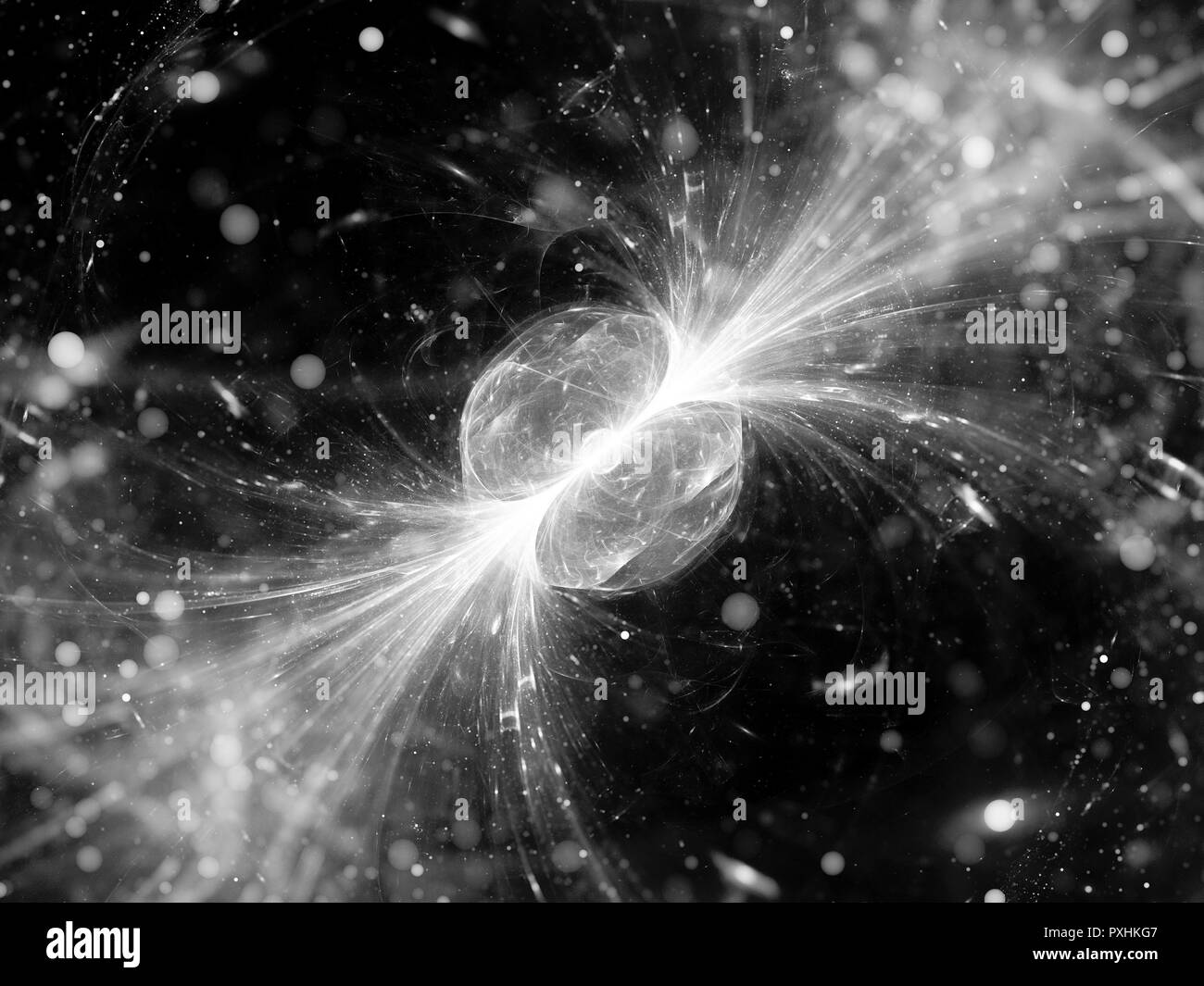Glühende Gamma ray Burst im Raum, Quasar, computer-generierte Zusammenfassung Hintergrund, Schwarze und Weiße, 3D-Rendering Stockfoto