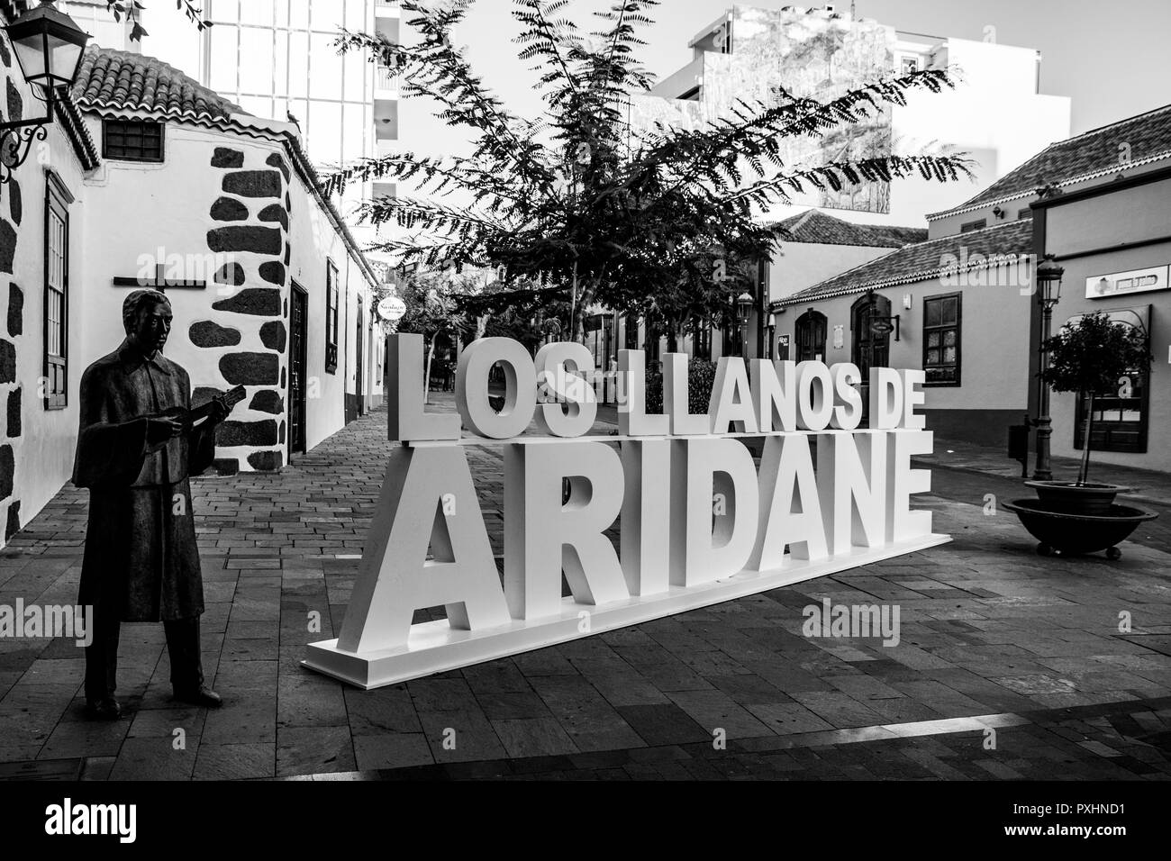 Schwarz-weiß-Bild der Stadt Zeichen nach Los Llanos de Aridane, La Palma, Kanarische Inseln, Spanien Stockfoto