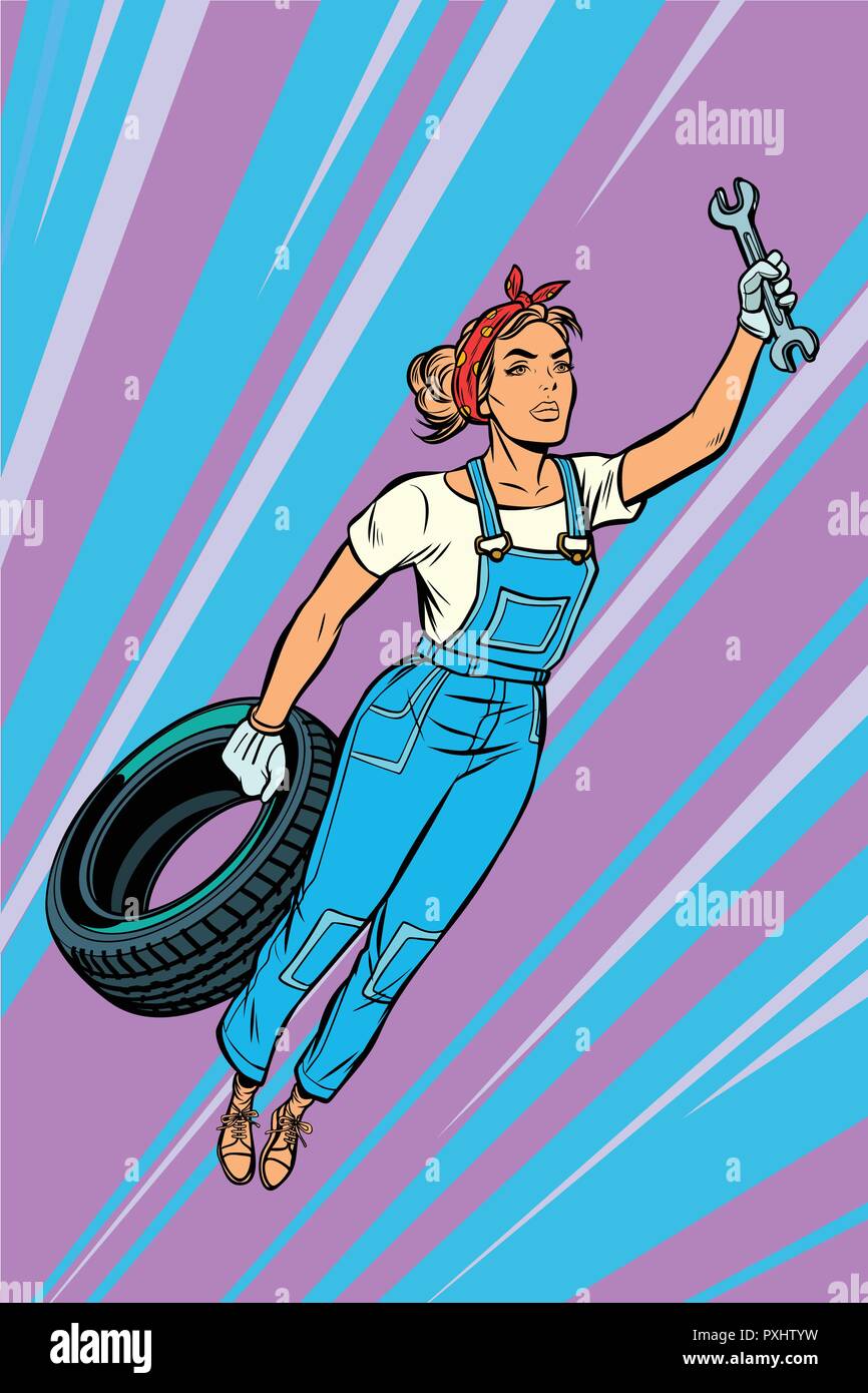 Frau Mechaniker Reifen fliegen Superhelden helfen Stock Vektor