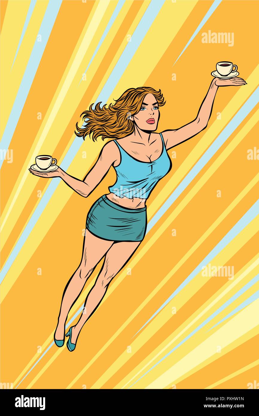 Kellnerin trägt Kaffee fliegen Superhelden helfen Stock Vektor