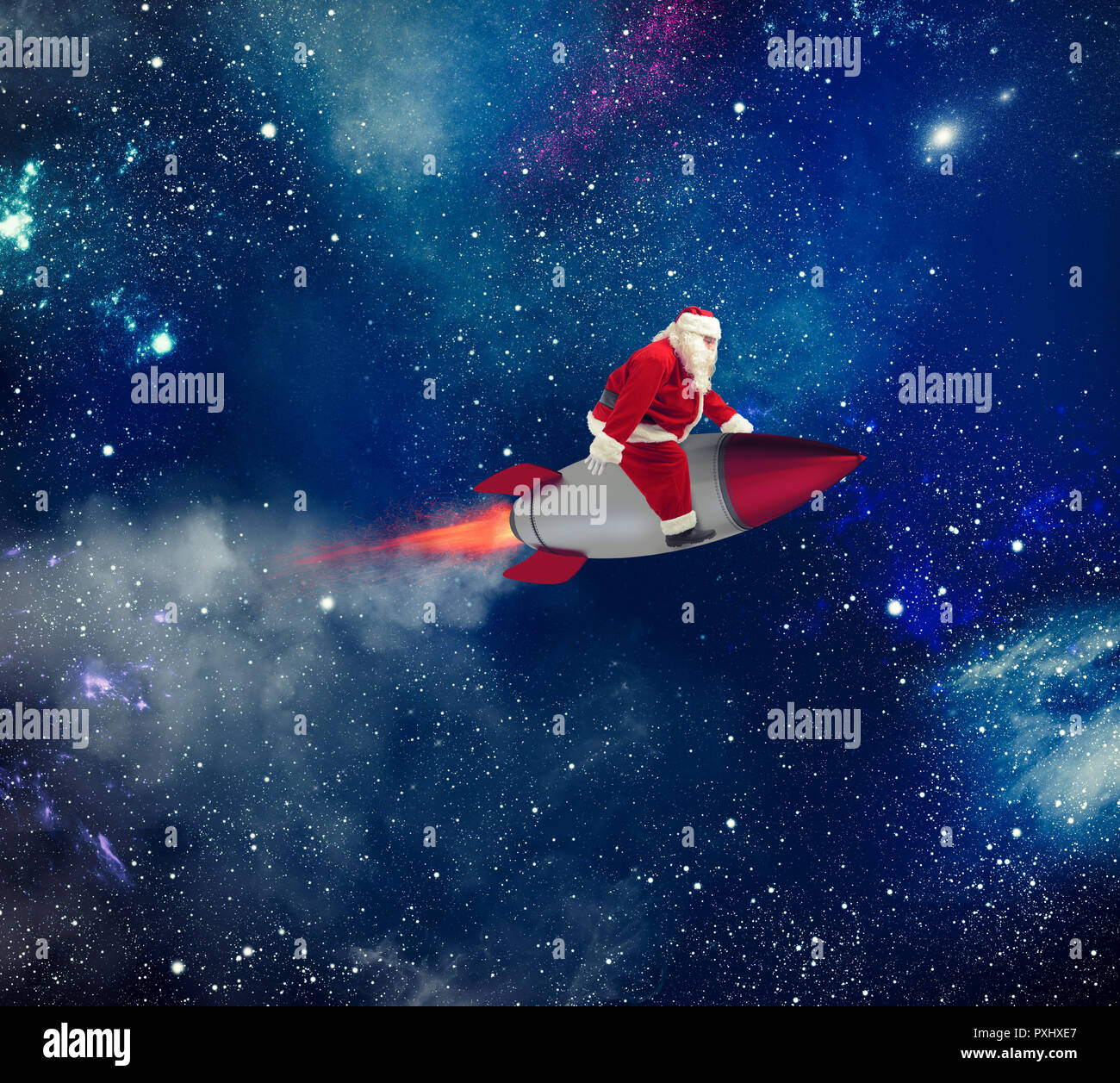Schnelle Lieferung von Weihnachten Geschenke mit Santa Claus im Raum Stockfoto