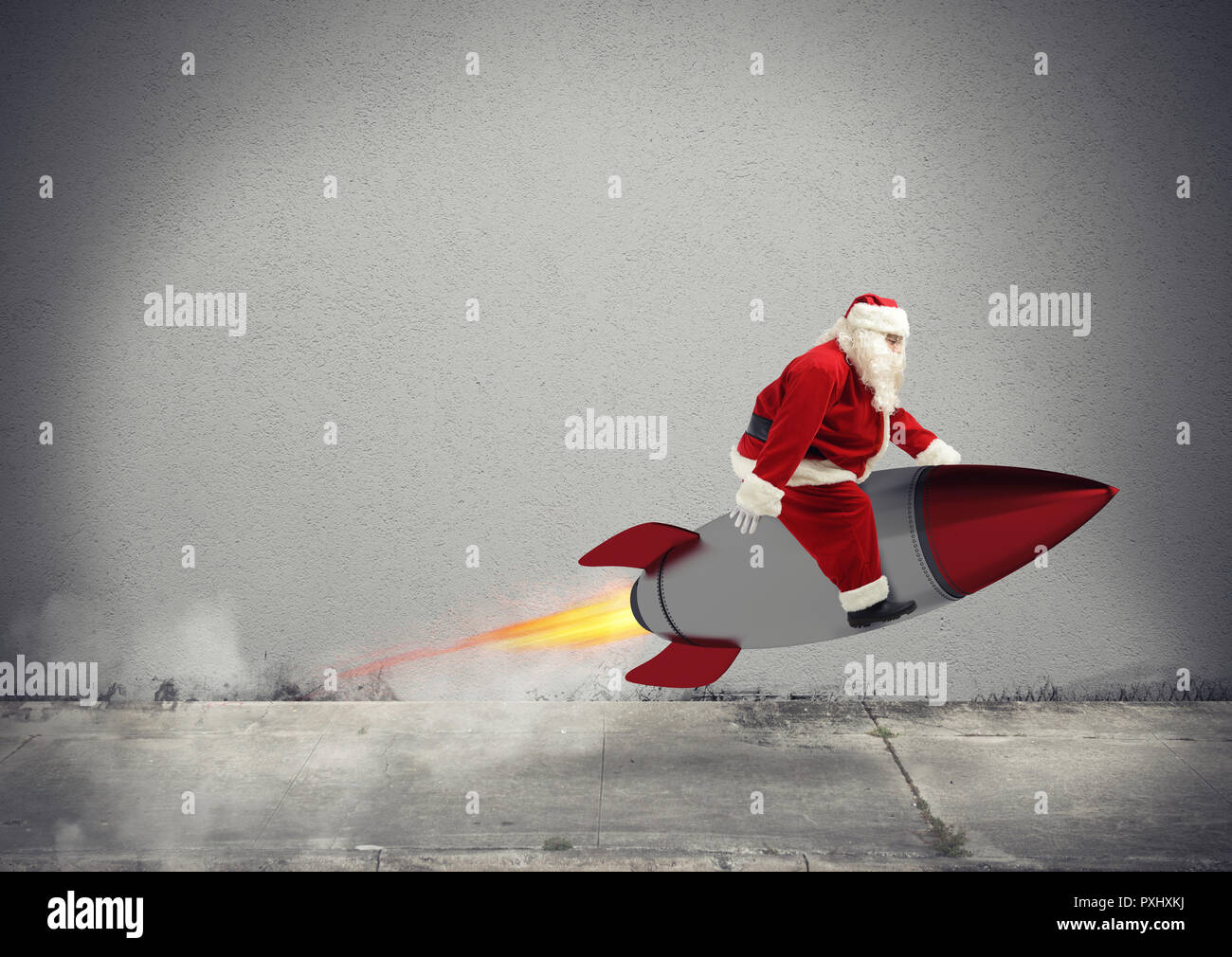 Schnelle Lieferung von Weihnachten Geschenke bereit, mit einer Rakete zu fliegen Stockfoto