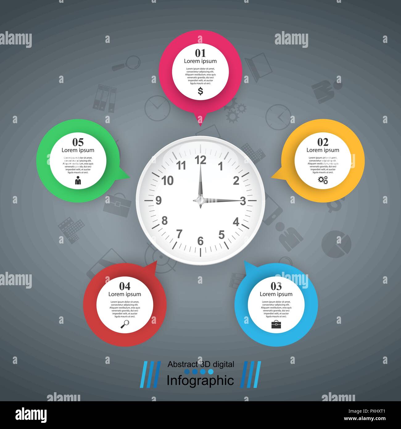 Fünf Luftblasen Papier. Symbol Uhr. Stock Vektor
