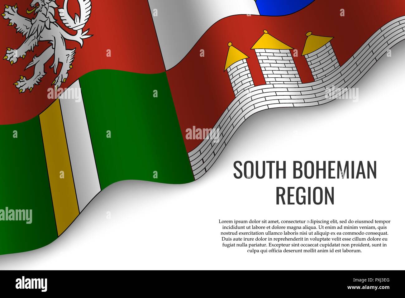 Wehende Flagge der Südböhmischen Region ist eine Region der Tschechischen Republik auf weißem Hintergrund. Vorlage für Banner oder Poster. Stock Vektor